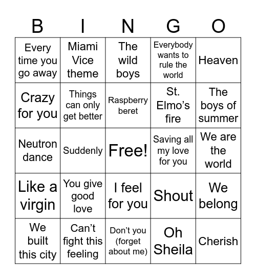 Top Hits of 1985 Bingo Card