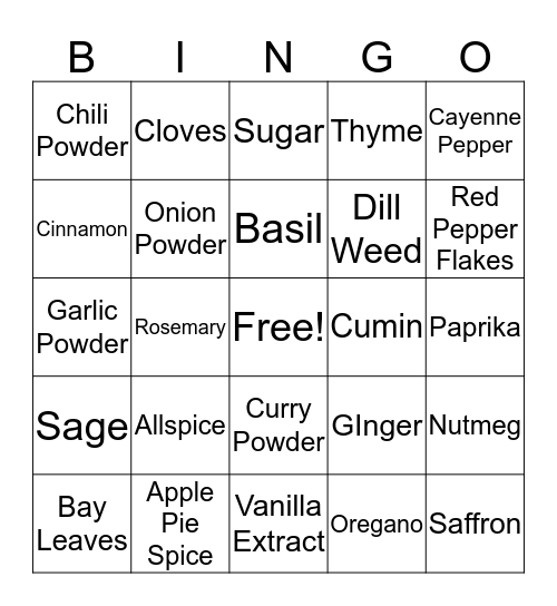 Sugar and Spice  Bingo Card