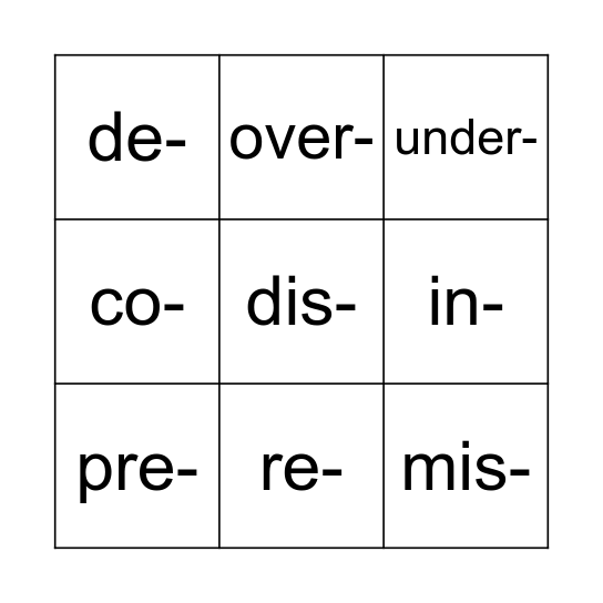 word-formation  - PREFIXES Bingo Card