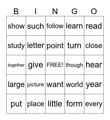 Sight Words Bingo Card