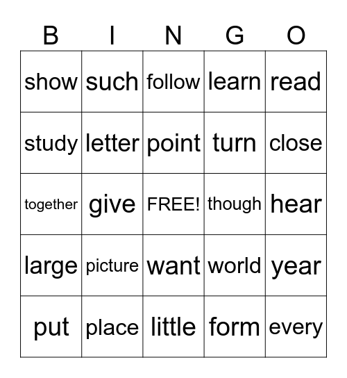 Sight Words Bingo Card