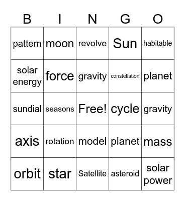 Space Vocabulary Bingo Card