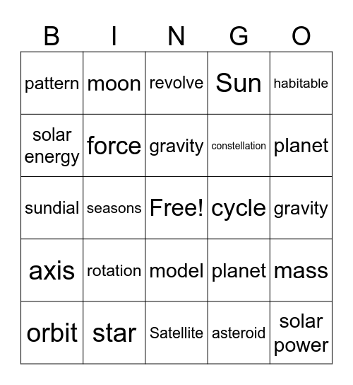 Space Vocabulary Bingo Card