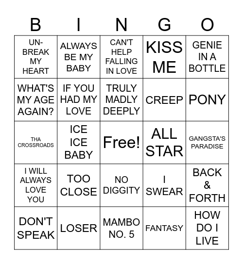 90's Bingo Card