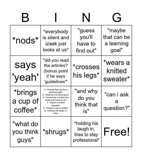 Izaak Bingo Card