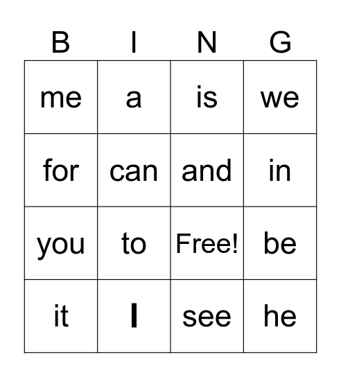 Snap Word Bingo Card