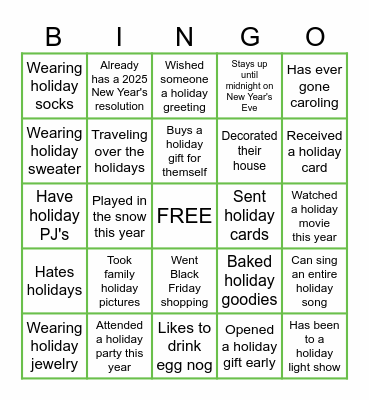 Holiday Fun Bingo Card