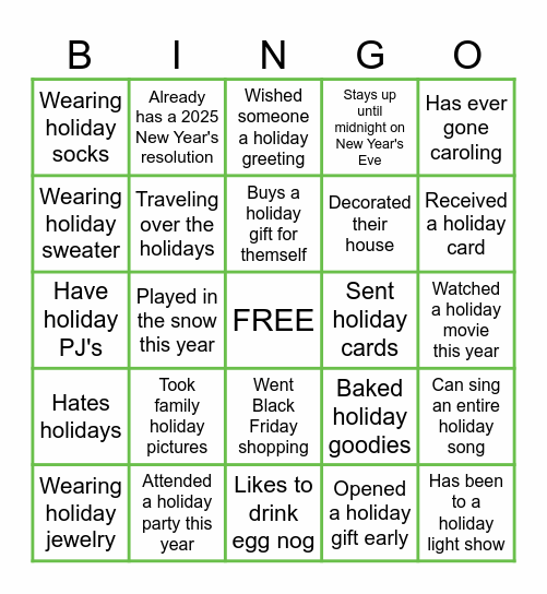 Holiday Fun Bingo Card