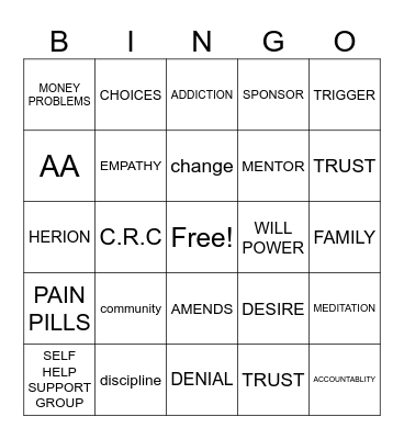 SOBER Bingo Card