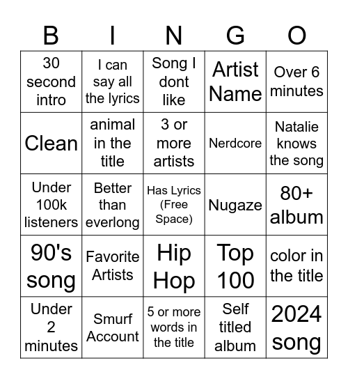 Spotify Bingo Card