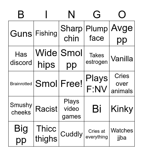 Femboy bingo Card