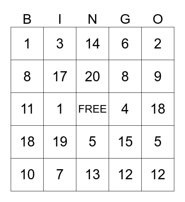 Addition Bingo Card