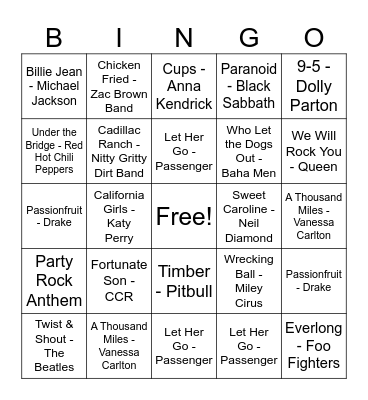 Sundre High Rock & Roll Bingo Card