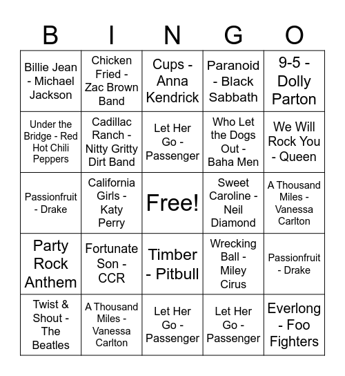 Sundre High Rock & Roll Bingo Card