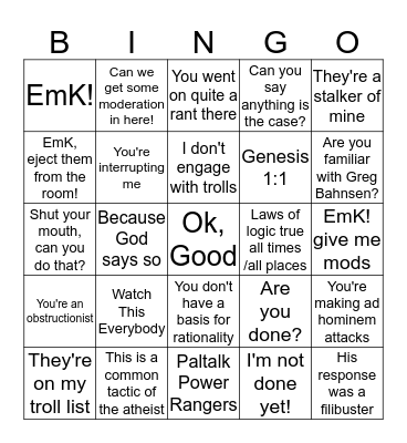 Darwins' Diety Bingo Card