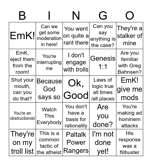 Darwins' Diety Bingo Card