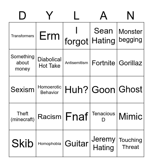 Goober bingo Card