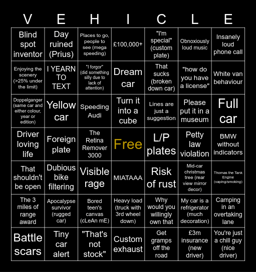 Car Bingo Card