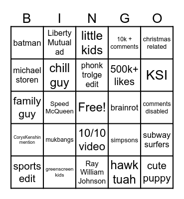 yt shorts bingo Card