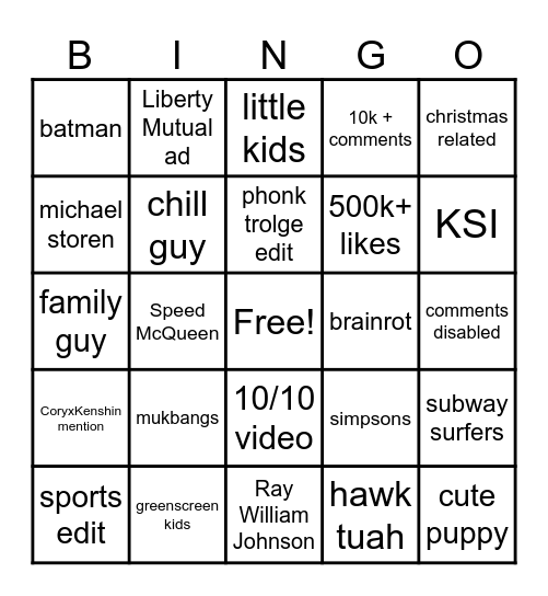 yt shorts bingo Card