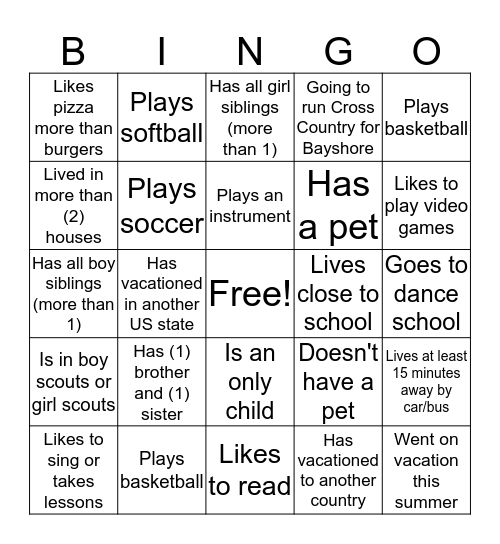 Get to Know Each Other Bingo Card