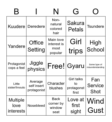 Romance Anime Bingo Card