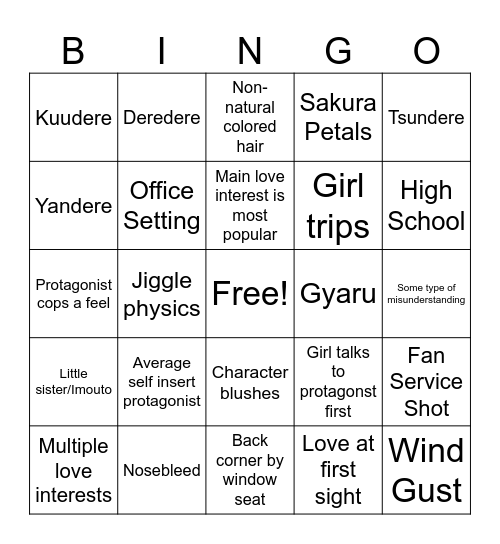 Romance Anime Bingo Card