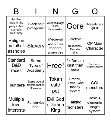 Fantasy Anime Bingo Card