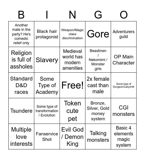 Fantasy Anime Bingo Card