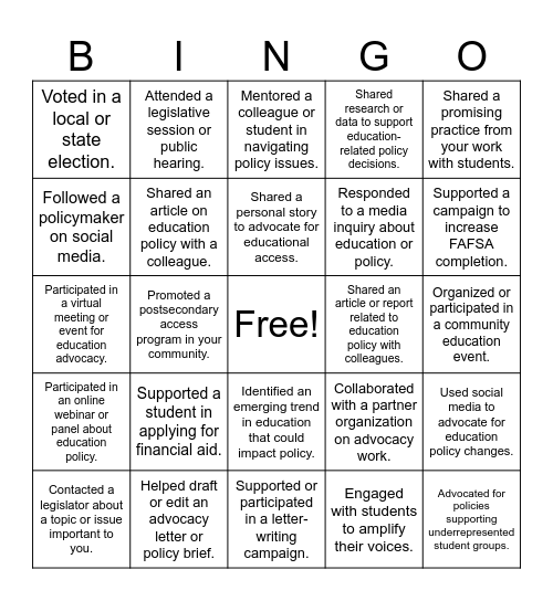 WHEF Advocacy Group BINGO Card