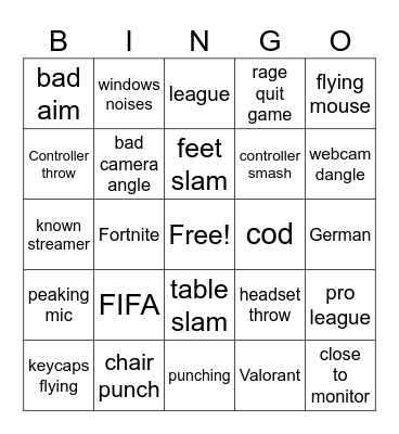 Gamer Rage Bingo Card