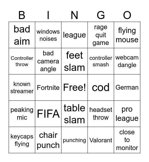 Gamer Rage Bingo Card