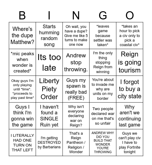 Playing Civ with Daniel Bingo Card