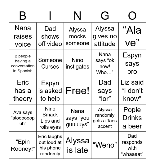 Valerio’s Christmas BINGO Card