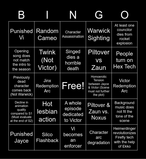 Arcane Season 2 Bingo Card