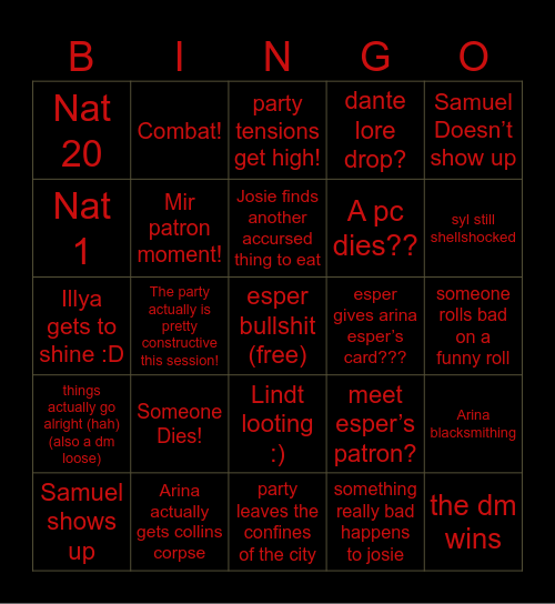 inferno’s gaye bingo Card