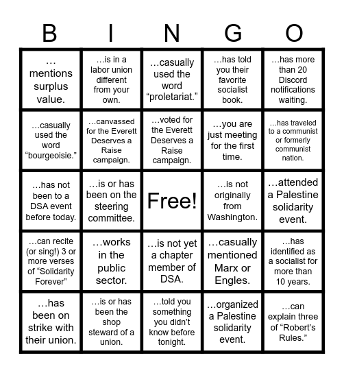 Socialist Social Bingo Card