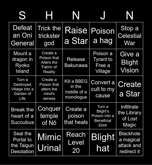 Mizu's Wacky Woohoo Adventures Bingo Card