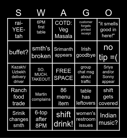 Swagat Bingo Card