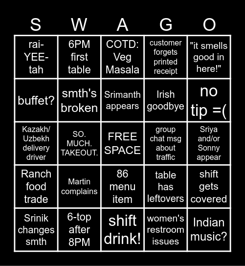 Swagat Bingo Card