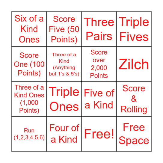 Zilch Bingo Card