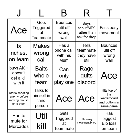 Boys Bingo (Jafar's copy) Bingo Card