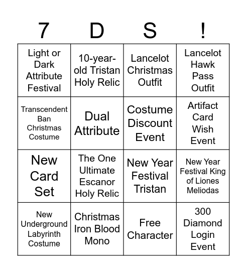 Christmas + New Year Festival Update Bingo Card