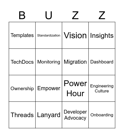 Backstage BUZZword Bingo Card