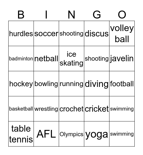 Sports Bingo Card