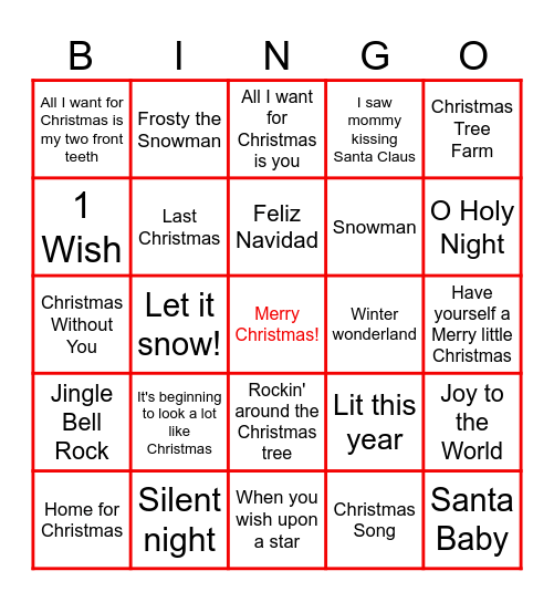 Christmas Song Bingo Card