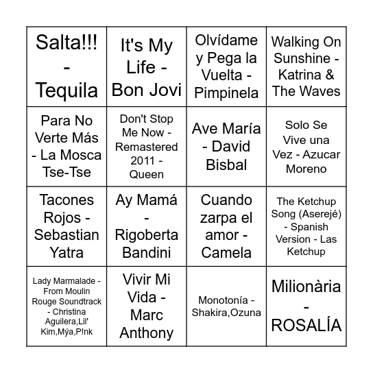 Bingo Musical Bingo Card