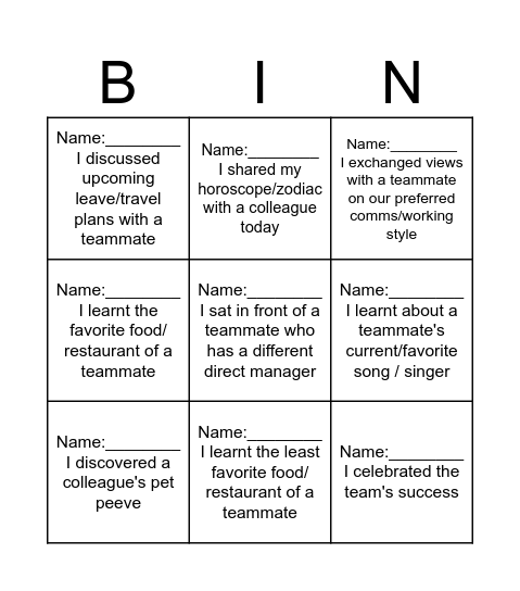 BINGO - What I did today Bingo Card