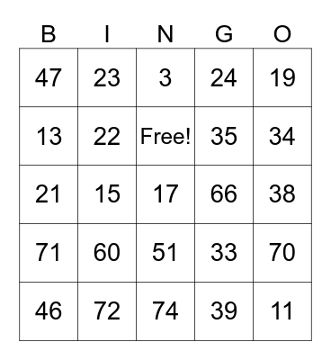 Numbers (1-75) Bingo Card