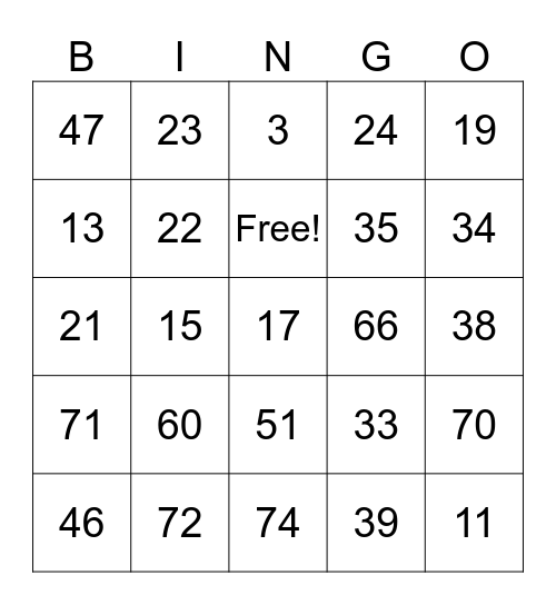 Numbers (1-75) Bingo Card